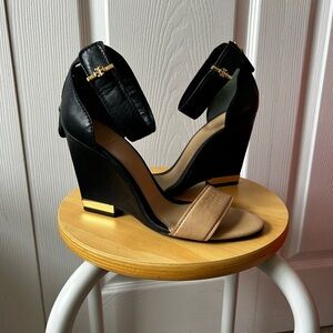 Tory Burch Black and Nude Wedge Sandal Heels